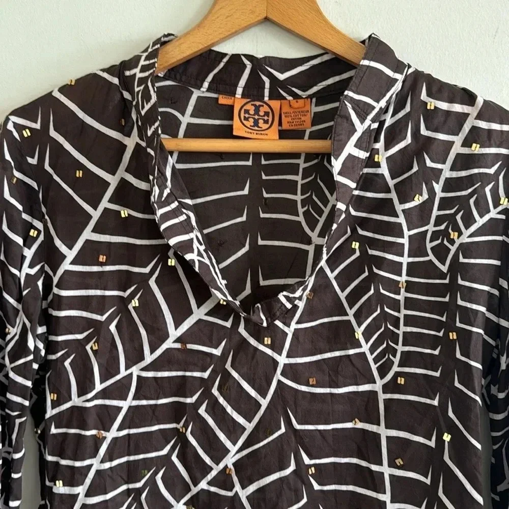 Tory Burch brown leaf Printed Cotton V-Neck Long Sleeve Tunic Top Blouse Size 6